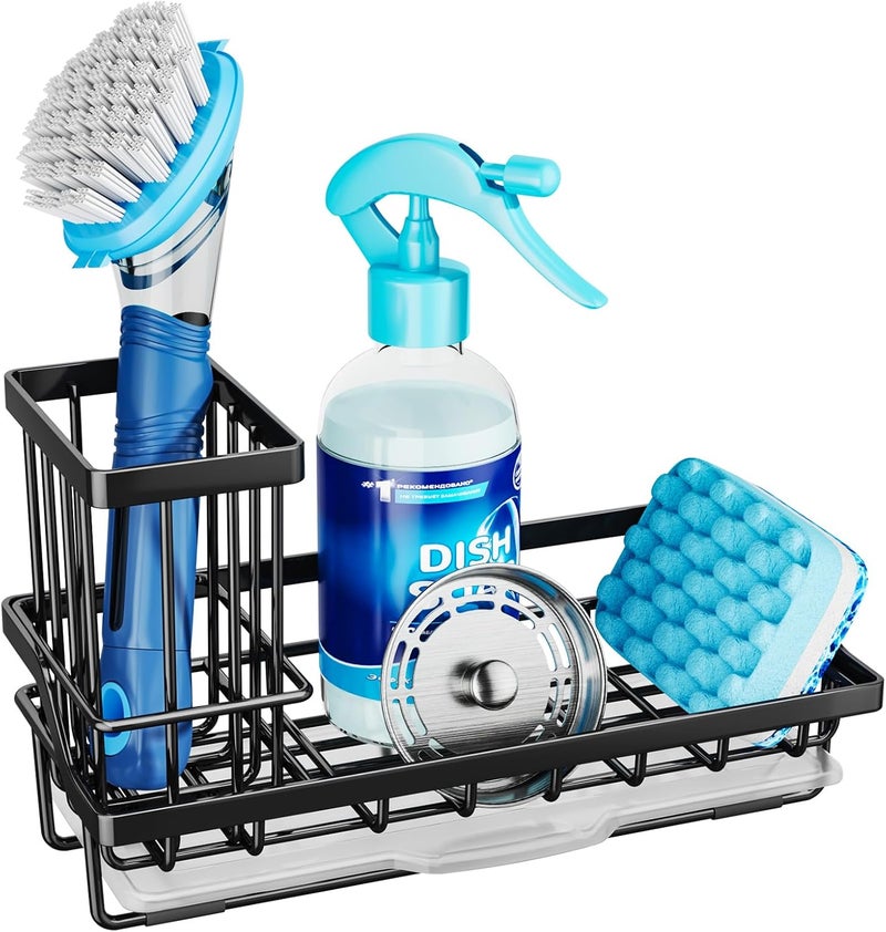 Consumest Sponge Holder for Kitchen Sink - Kitchen Sink Caddy Organizer with Removable Drip Tray for Countertop Dish Soap Dispenser Brush Storage Accessories 304 Stainless Steel - Black - Image 1